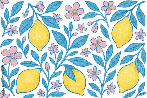 Hand drawn vintage seamless pattern with lemons and blossoms. Italian citrus craft background. Textured floral print in retro Amalfi style for fabric, wallpaper or textile.