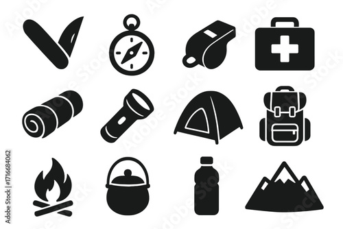 Camping and hiking icons set. Outdoor adventure and survival gear silhouette collection. Vector symbols for tourism and travel. Knife, compass, first aid kit, tent, backpack.