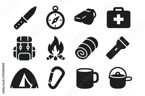 Camping icons set. Outdoor adventure and hiking equipment. Black silhouette symbols of tent, backpack, campfire, knife, compass, first aid kit. Survival gear vector collection.