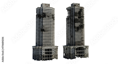 Two damaged buildings stand tall against a transparent background isolated on transparent background