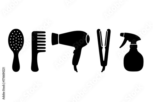 Hair styling tools icon set. Hairdresser equipment silhouette. Vector illustration of brush, comb, hairdryer, straightener, spray bottle for beauty salon graphic.