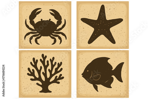 Set of sea life silhouettes. Collection of minimalist underwater animal icons. Hand drawn vector illustration of crab, starfish, coral, and fish. Marine life concept for posters.