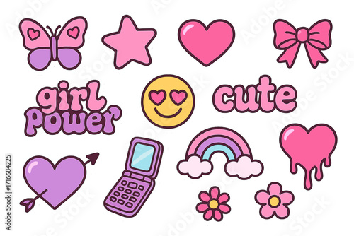 Cool retro girly stickers set from the 90s-00s. Vector kawaii slogans and icons in a trendy y2k, barbiecore aesthetic. Vintage girl power, cute lettering, and emo elements.