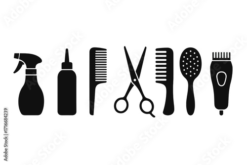 Hairdresser tool and barber equipment icon set. Black silhouette collection for beauty salon. Vector graphic design with scissors, comb, hair clipper, spray, and brush.