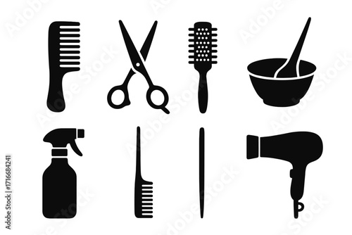 Hairdressing tools icon set. Professional barber and beauty salon equipment. Vector collection of black silhouettes: scissors, comb, brush, hairdryer, spray, and dye bowl.