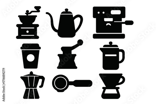 Coffee equipment silhouette icon set for cafes and baristas. Vector illustration of coffee making tools like grinder, moka pot, french press, and espresso machine.