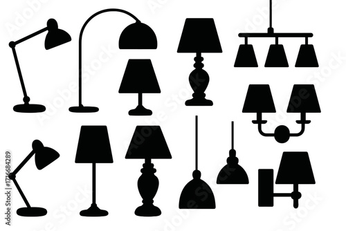 Lamp silhouette collection. Vector set of modern and classic lamps. Table, floor, desk, pendant light, chandelier, sconce. Home interior furniture and lighting icon pack.