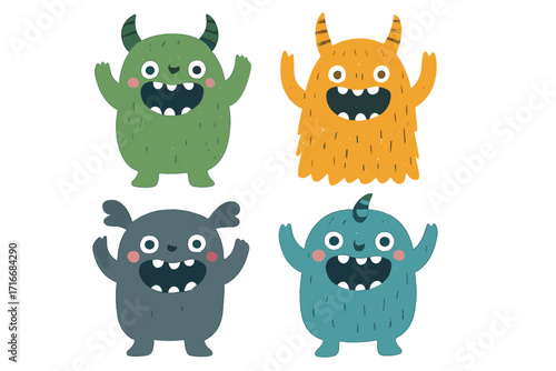 Cute monster character collection. Set of four funny cartoon creatures in flat Scandinavian style. Happy friendly alien mascot for kids. Vector illustration for Halloween.