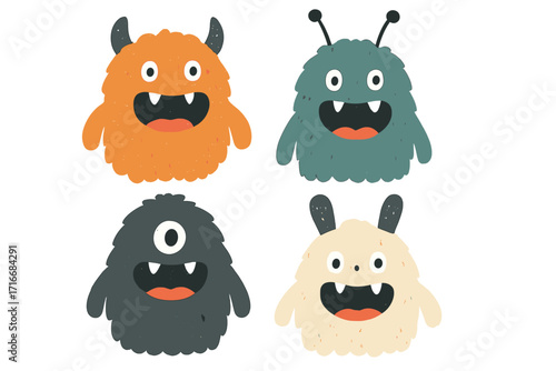 Set of cute childish fluffy monsters in flat hand-drawn Scandinavian style. Halloween characters with open mouth. Simple funny cartoon creature vector illustration collection.