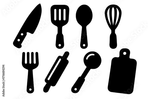 Kitchen utensils icons set in bold silhouette style. Cooking tools vector collection. Chef equipment for restaurant and home cooking. Culinary symbols and kitchenware design.