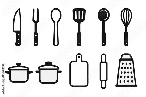 Kitchen tools and cookware vector icon set. Simple black silhouettes of essential culinary utensils like knife, pot, whisk, and grater for cooking and food preparation.