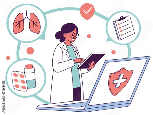 Female doctor using laptop and tablet managing patient health data representing healthcare technolog