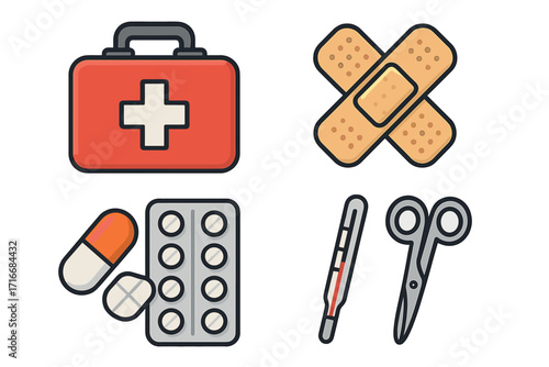 Essential medical icon set with first aid kit, plaster, pills, thermometer, scissors. Vector cartoon symbols for healthcare, pharmacy, and emergency services. Health and treatment.