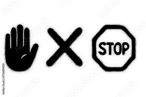 Spray painted graffiti stop sign set. Stencil hand, cross X, and stop word icon collection. Urban street art symbols for prohibition, warning, or danger. Aerosol paint texture.