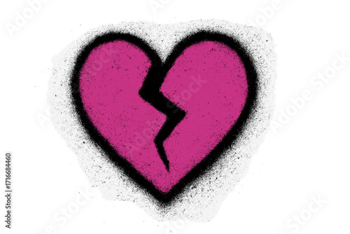 Urban graffiti broken heart symbol. Spray paint street art style. Heartbreak, breakup, divorce icon. Sadness, loneliness concept. Magenta and black textured stencil vector.