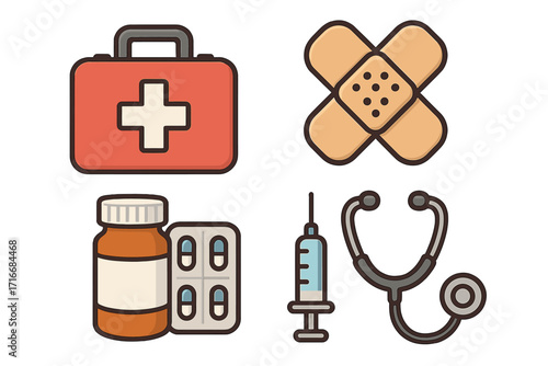 Medical icon set for healthcare and first aid. Vector cartoon illustration of emergency kit, bandage, medication, pills, syringe, and stethoscope. Pharmacy and hospital symbols.