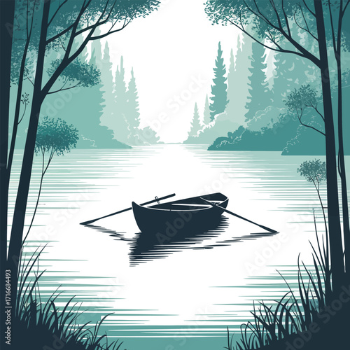 Scenic Lake Illustration Vector Art Isolated Boat with Oars Framed by Trees and Grass