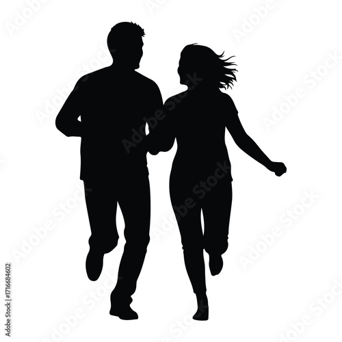 Couple running together people silhouette
