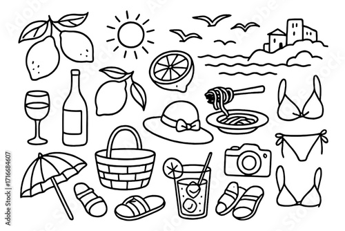 Italian Amalfi summer vacation elements set. Hand drawn doodle line art icon collection. Vector illustration of Italy coast travel symbols like lemon, pasta, beach and sea.