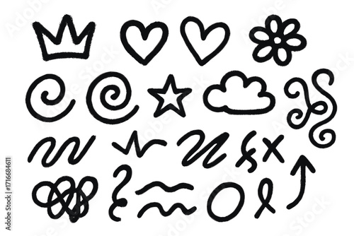 Spray textured graffiti doodle punk and girly shapes set, hand drawn abstract scribbles and squiggles, creative various shapes and pencil drawn icons, artistic scrawls collection