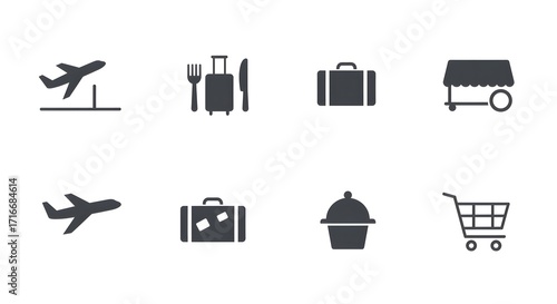 Set of Vector Icons Depicting Travel, Transportation, Food, and Shopping Symbols: Airplane, Luggage, Fork and Knife, Food Cart, Suitcase, Cupcake, and Shopping Cart, Minimalist Design