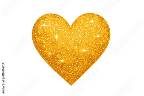 Isolated golden glitter heart icon. Shiny, shimmering luxury design element for Valentine's Day. Gold sand texture for premium VIP award sticker. Magical love symbol.