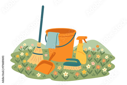 Spring cleaning background with cleaning tools and equipment in flowering hills field, flat hand drawn vector illustration for greeting card, promotion, seasonal cleaning concept