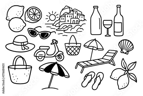Italian Amalfi summer vacation elements set. Hand drawn doodle icon collection of Italy coast holiday stuff. Vector line art with lemon, beach, sea, scooter and wine.