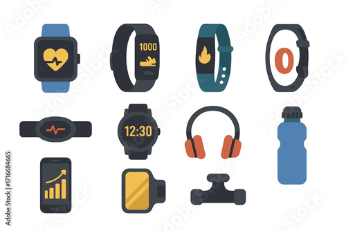 Fitness icons set with wearable technology and gym accessories. Vector collection of smartwatch, activity tracker, heart rate monitor, phone and sport equipment for health.