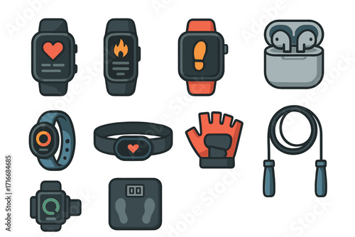 Flat fitness icons set. Wearable technology and trackers. Smart watch, heart rate monitor, scale, gym accessories. Vector cartoon illustration for health and sport.