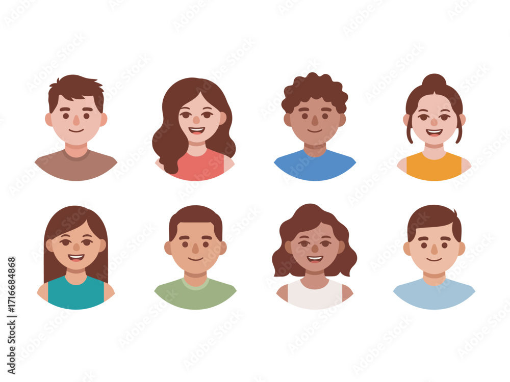 Fototapeta premium Portraits of Diverse Young People with Braces in Flat Vector Style