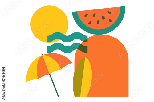 Bright summer geometric composition with juicy watermelon slice, yellow sun, beach umbrella, and minimalist design overlay for retro posters, cards, banners, labels