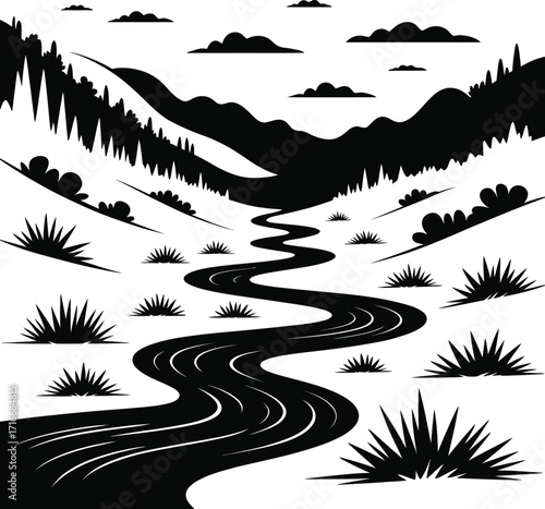 Serene River Valley Vector Illustration Isolated Art of Winding Stream and Hills