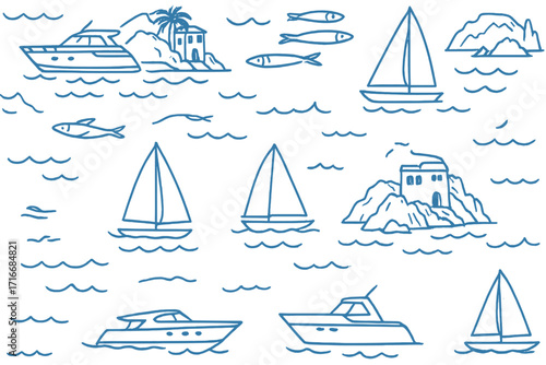 Summer sea coast seamless pattern with yachts and sailboats, islands and sardines, hand-drawn Italian Amalfi Coast background, nautical boats, rocky coastline vector