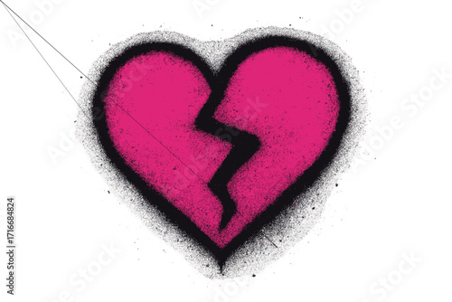Spray painted urban graffiti broken heart icon. Sprayed vector illustration isolated. Textured graffiti love break with over spray in black and magenta. Heartbreak symbol.
