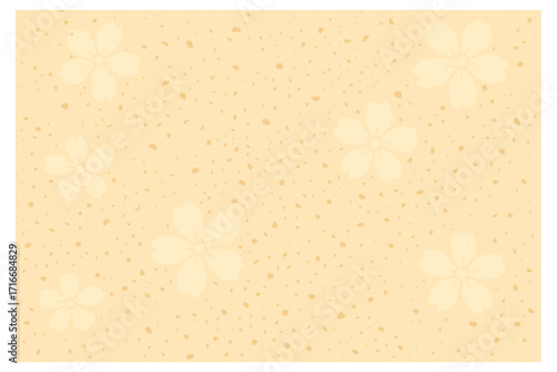 Japanese washi rice paper background with cherry blossom watermark. Textured handmade craft paper in light beige, ecru with grains, flecks and decorative flower speckles.