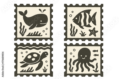 Summer sea ocean cute underwater animal stamps set, textured vector illustration with whale, tropical fish, turtle, octopus, marine life, tropical ocean covers, monochrome naive style