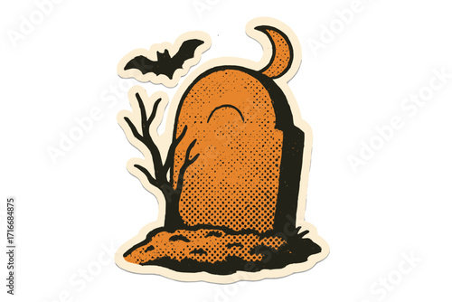 Vintage Halloween tombstone with bat and barren tree, retro halftone mixed media collage, dotted 90s zine paper style, spooky graveyard cartoon illustration vector