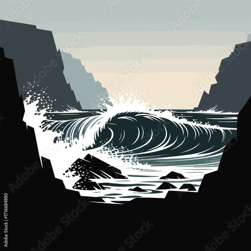 Dramatic Cove Vector Illustration Isolated Art of Crashing Wave Between Rocky Cliffs