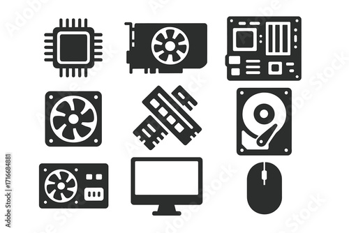 Computer hardware components vector icon set. Modern glyph silhouette style. CPU, GPU, RAM, motherboard, hard drive, cooler, PSU, monitor, mouse. PC parts for tech design.
