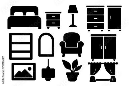 Home furniture icons silhouette set. Vector collection of bedroom essentials and interior decor elements. Isolated black shapes of bed, lamp, chair, wardrobe for graphic design.