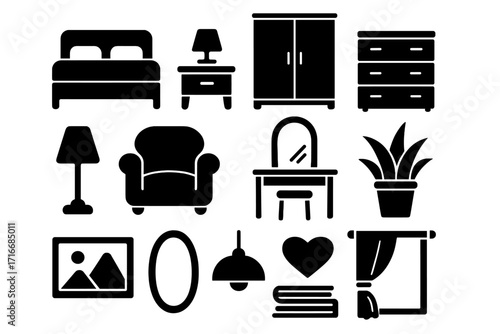 Black silhouette icon set of bedroom furniture and home decor. Vector symbols for interior design including bed, wardrobe, dresser, lamp, armchair, vanity, and accessories.