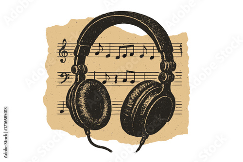 Vintage halftone headphones with musical notes background, retro grunge style music paper collage element, trendy vector illustration for music and audio design