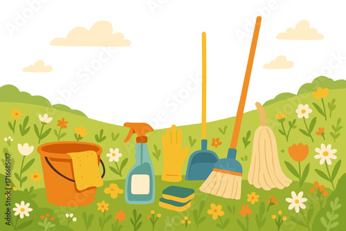 Spring cleaning creative concept vector. Cleaning service advertising background. Household tools, equipment on green spring meadow with flowers. Bucket, mop, broom, spray, glove.