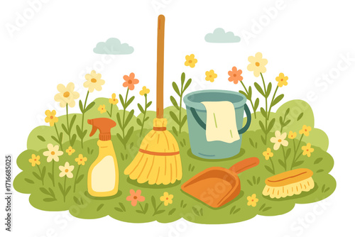 Spring cleaning background with household tools in flowering field. Flat vector illustration for cleaning service ad, promotion, poster, or flyer. Housekeeping chores.