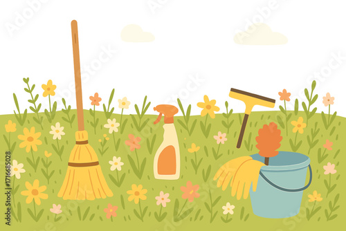 Spring cleaning concept with household tools in a blooming flower meadow. Vector background with broom, bucket, spray, and gloves for housework or chores. Flat illustration.