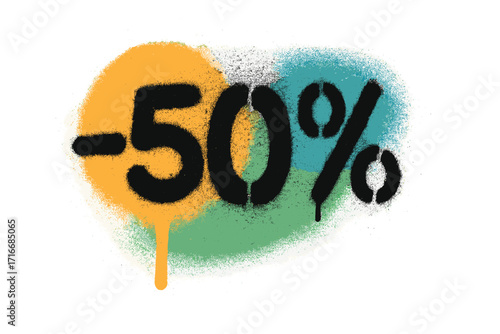 Minus 50 percent off sale discount promotion. Urban graffiti spray paint art. Textured stencil with overspray and drips. Vector illustration on abstract colorful shape.
