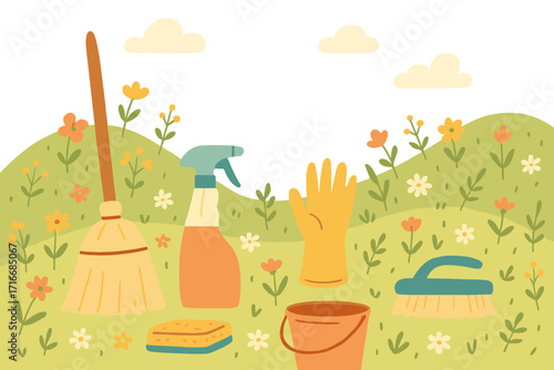 Spring cleaning concept vector background. Household cleaning tools and equipment in a fresh flowering meadow. Flat illustration for ad, promotion, seasonal chores, and service.