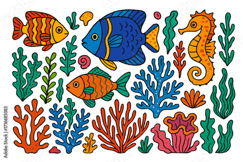Set of colorful underwater sea life doodles. Collection of cute ocean animals and plants. Cartoon fish, seahorse, coral, and seaweed. Aquatic fauna and flora vector icons.