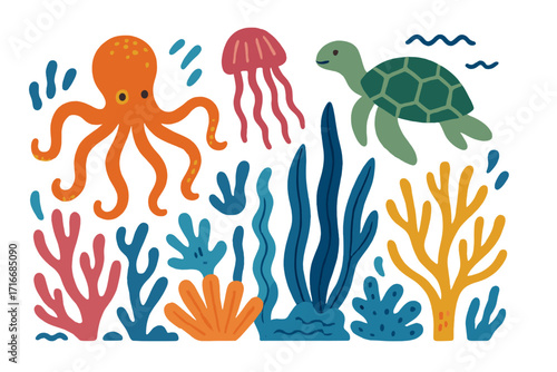 Underwater sea world abstract composition with colorful coral reef, octopus, jellyfish, turtle, marine life, aquarium scene, naive hand-drawn style vector illustration